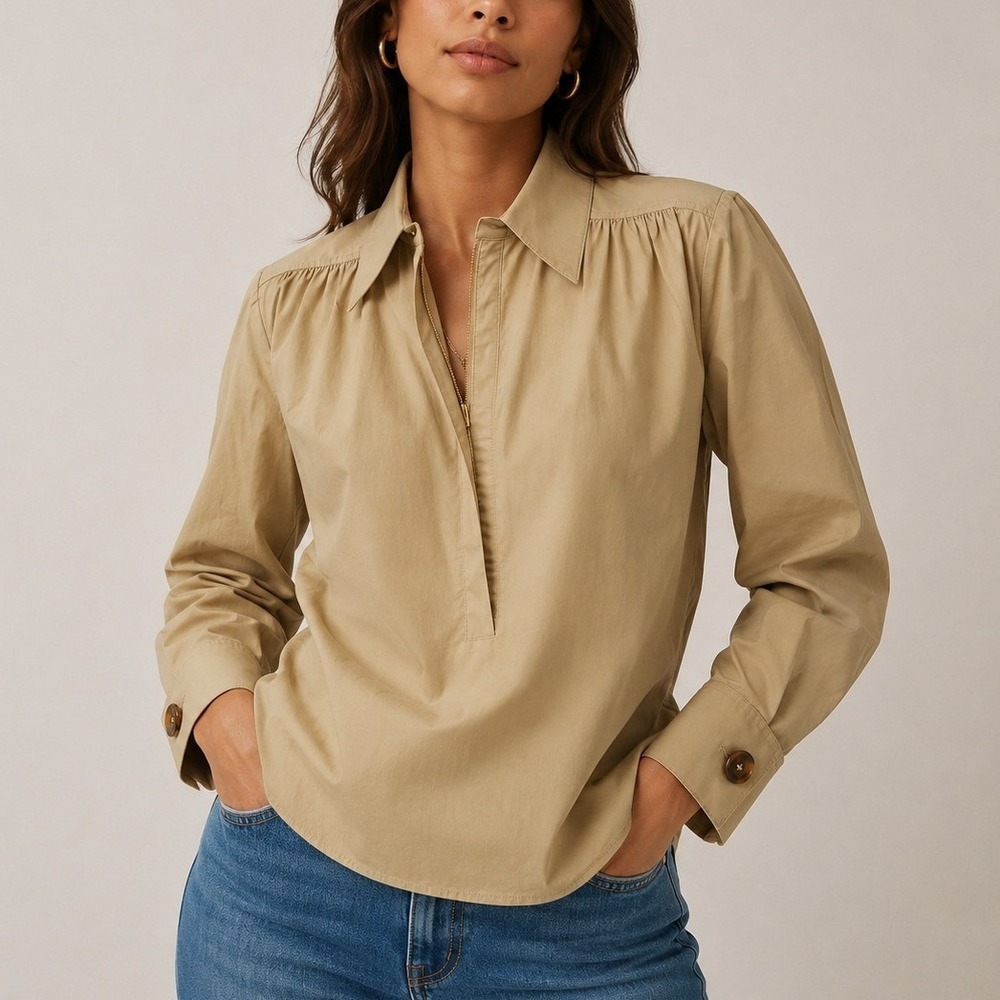 Mare Mare Anthropologie Long‎ Sleeve Henley Blouse XL Beige Quiet Luxury